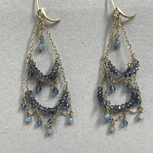 Earrings, Chandelier, Blue And Gold-Tone, Light - Picture 1 of 11