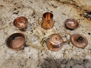 Copper And Brass Miniature  Cookware Vintage 6 Pieces - Picture 1 of 13