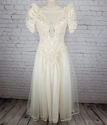 Pallas Athena Ivory Satin Embroidered Beaded Bridal Wedding Dress Gown Size P12 - Image 1 of 4