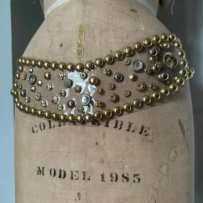 Винтажный прозрачный винил с заклепками ремень гламур Y2K вечеринки бедра золотые стразы кристаллы - Изображение 1 из 4