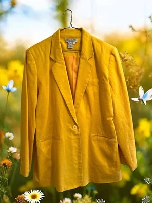 Vintage Newport News Easy Style Linen Cotton Blazer Womens 12 Yellow Nylon Lined - Image 1 of 4
