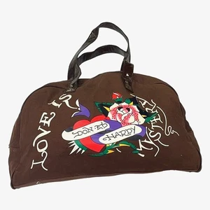 Vintage Don Ed Hardy 1971 Brown Duffle Bag  "Love is Mystery" Cloth Bowler Bag - Picture 1 of 24