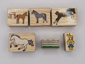 Lot Of 6 Wooden Rubber Stamps Crafting Supplies Horse Themed Trophy Fence - Picture 1 of 3