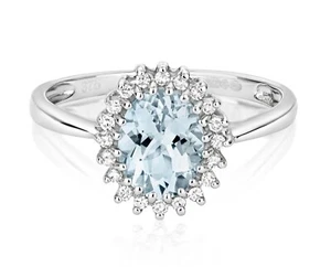 9ct White Gold Aquamarine and Diamond Ring Oval Cluster Engagement Size J - Z - Picture 1 of 3