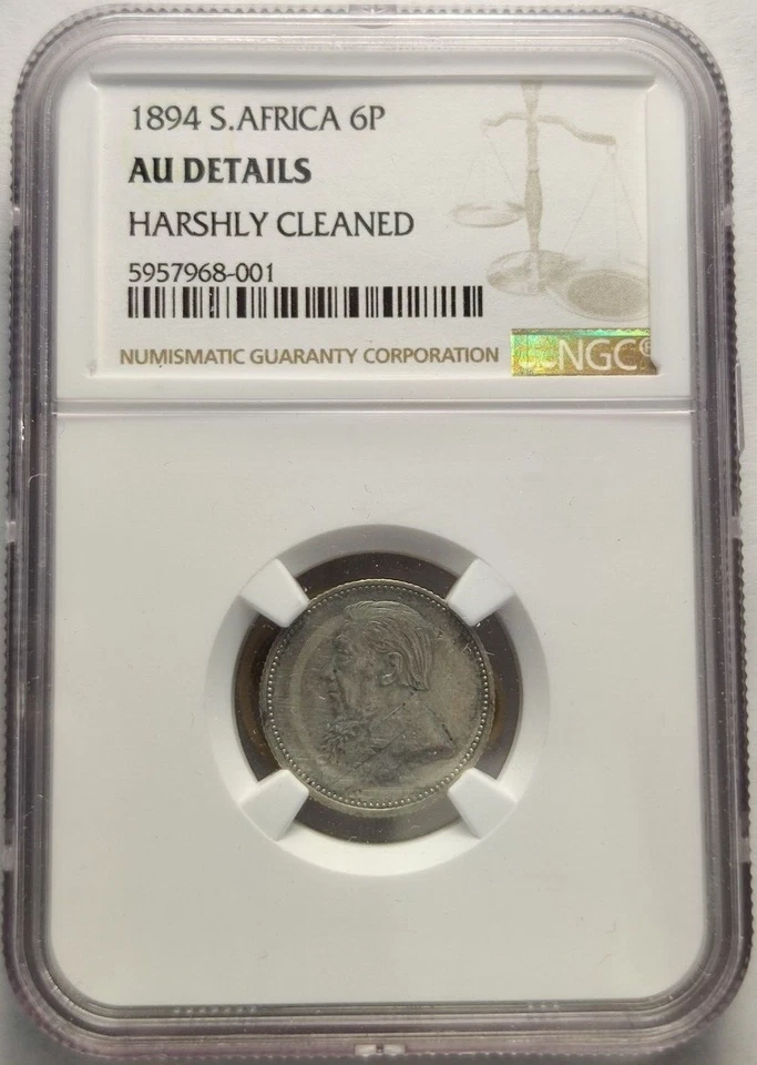 Seis 6 peniques de plata de Sudáfrica de 1894 con certificación NGC detalles como nuevos, moneda rara 3B Foto 1 de 2