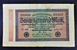 VINTAGE GERMANY 20,000 MARK 1923 - WEIMAR REPUBLIC ERA - REICHS BANK NOTE