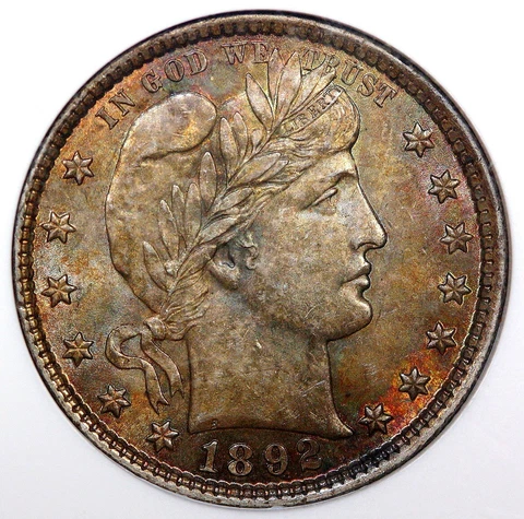 1892  BARBER SILVER Quarter 25c NGC MS62  TONED Cover