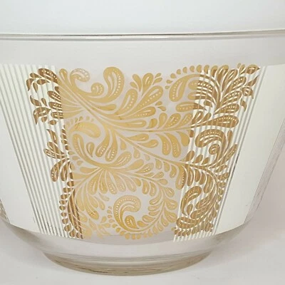 Ensaladera de vidrio vintage tono dorado hoja de cachemira floral rayas blancas Foto 1 de 4