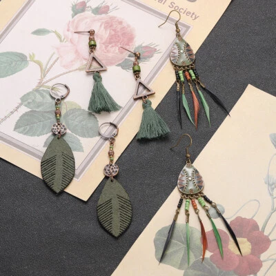 Juego de Pendientes de Pluma Vintage para Mujer Boho Gitano Colorido Borla 3 Piezas Joyería Foto 1 de 4