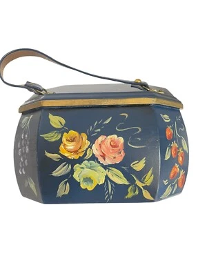 Monederos de madera caja bolsa frutas y flores pintados a mano forma octágono de colección azul marino Foto 1 de 4