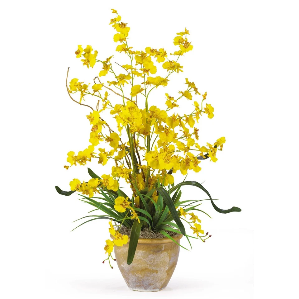 NEW 26" ARTIFICIAL SILK ORCHID YELLOW FLOWER ARRANGEMENT w/ CERAMIC POT - Image 1 of 1