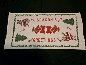 Vintage Weihnachten Santa gewebt Stoff Überwurf Teppich Season's Greetings Mid Century  - Bild 1 von 10