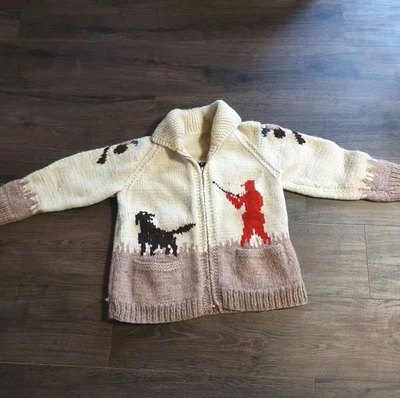 "Cárdigan suéter Cowichan tejido a mano cazador de faisanes cremallera 21"" Pit To P de colección" Foto 1 de 4