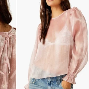 Neu mit Etikett Free People Freya Frost lange transparente Bluse Ballonärmel Knopfleiste Large - Bild 1 von 14