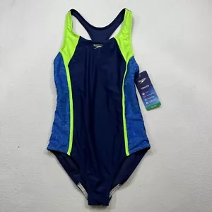 Costume da bagno Speedo ragazzo ragazza pezzo unico blu navy/verde elasticizzato taglia XL nuovo con etichette - Foto 1 di 4