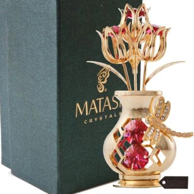 Ornamento de vaso de flor de cristal vermelho folheado a ouro 24K Matashi com presente de libélula - Imagem 1 de 4