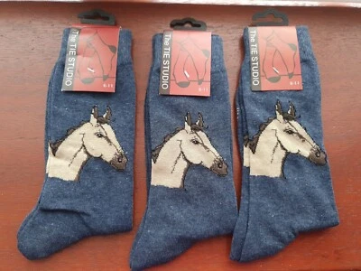 THE TIE STUDIO 3 pairs of mens horse socks size 6-11 blue men's socks horses equestrian animal