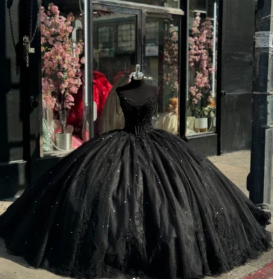 Vestido de baile preto lantejoulas brilhantes Quinceanera festa de formatura doce 15 16 vestido - Imagem 1 de 4
