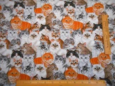 Quilt Fabric 1 1/4 Yard Packed Realistic Kitty Cat Kitten Faces Premium Cotton - Image 1 of 2