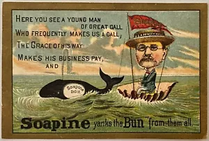 Soapine Soap Victorian Trade Card~Whale Pulls Teddy Roosevelt as Prince of Wales - Picture 1 of 4