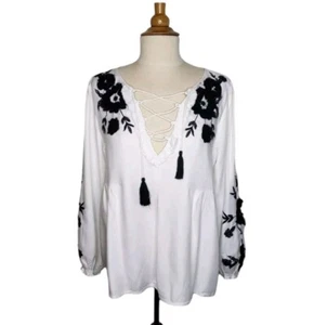 Zara Top M Contrast Embroidery Babydoll Boho Lace Front Bohemian Cottagecore M - Picture 1 of 11
