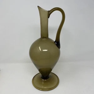 Vintage Mid Century Modern 14.5" olive Blown Green Glass Bottle Decanter Handle - Picture 1 of 9