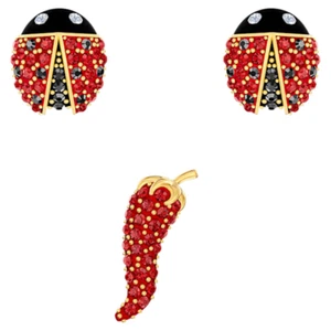 SWAROVSKI CRYSTAL LISABEL LADYBUGS AND CHILLI GOLD-TONE EARRINGS SET NEW BOXED - Picture 1 of 6