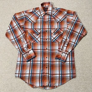 VINTAGE Plains Western Shirt Mens Small Orange White Plaid Pearl Snap Sawtooth - Picture 1 of 11