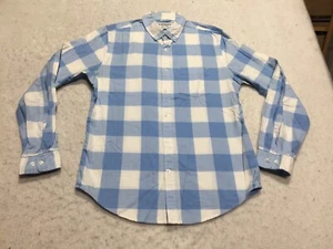 Express Soft Wash Button Up Mens M Medium Blue White Plaid Long Sleeve Collar - Picture 1 of 13