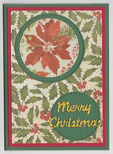 Blank Handmade Greeting Card ~ MERRY CHRISTMAS with POINSETTA FLOWER AND HOLLY