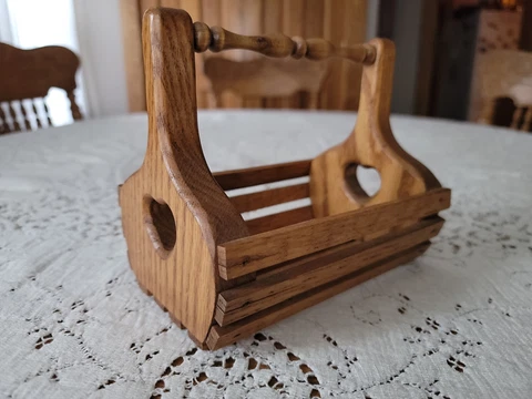 Vintage Small Oak Wood Heart Basket Slate Sides Spindle Handle Cover