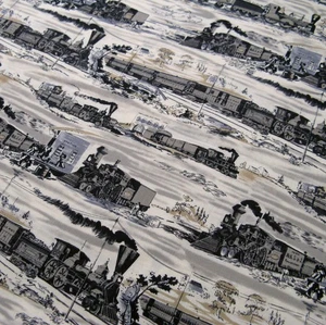 Le Train Bleu Cotton Fabric Judie Rothermel Railroad Trains Stations 1 Yd OOP - Picture 1 of 6