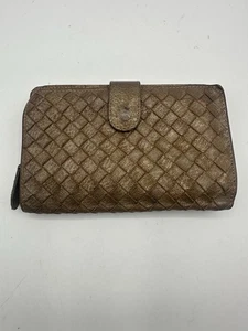 Portafoglio Bottega Veneta Intrecciato Metallizzato Marrone Oro Tessuto Pelle Bifold - Foto 1 di 9