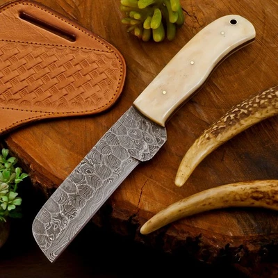 Cuchillo cortador de toro vaquero Damasco hecho a mano con mango de hueso y funda para panqueques 477 Foto 1 de 4
