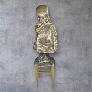 Vintage Brass Sculpture of Young Girl Standing On Stool Holding Her Shoe 13" - Picture 1 of 11