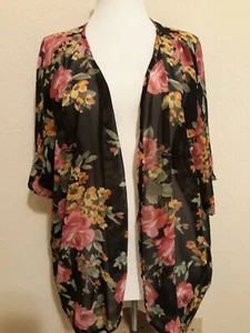 Libian 2X Black Pink Roses Poly Chiffon & Lace Inset Elbow Sleeves Shrug Clean - Picture 1 of 5