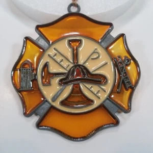 Suncatcher Fire Fighter Stained Glass Helmet Ladder Hydrant Amber Gold - Picture 1 of 4