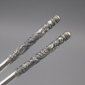 Pure Solid S999 Fine Silver Chopsticks Healthy Phoenix Pattern Dinnerware 7.9in - Picture 1 of 5