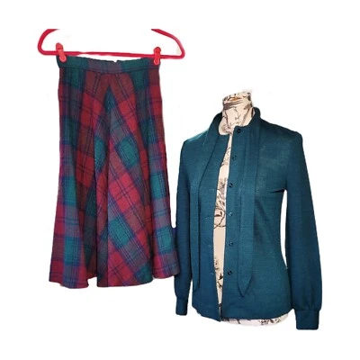 Vintage Size S Donovan Galvani of Dallas Plaid Skirt and Teal Cardigan Set Wool - Image 1 of 4