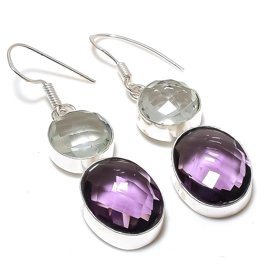 Amethyst White Topaz Gemstone Silver Plated Dangle Earrings Jewelry 1.5" - Image 1 of 1