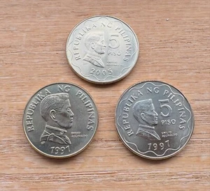 3 x Republika Ng Filipinas 1991 1997 2005 coins 5 Piso coins, all BU - Picture 1 of 2