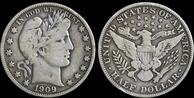 Полдоллара Барбера 1909 года, хорошее + состояние товара, серебро, бесплатная доставка, C6515 - Изображение 1 из 3