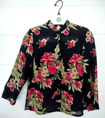 Emma James Floral Chiffon Button Up Blouse Black Pink 3/4 Sleeve Semi Shear 8 - Image 1 of 4