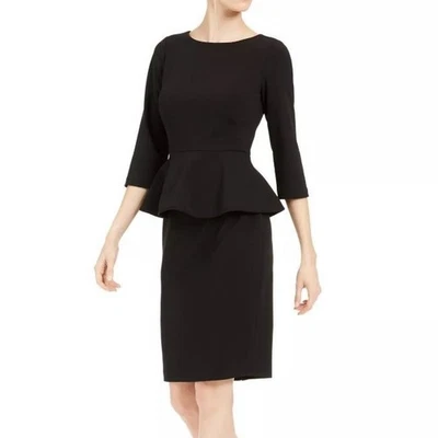 New Calvin Klein Black Peplum Ruffle Sheath Dress 3/4 Sleeve Zipper Size 8 - Image 1 of 4