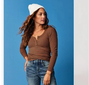 Camisa Henley Top Emma Talla Pequeña Marrón Azul Rayas Hombro Abullonado Carve Designs - Imagen 1 de 12