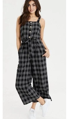 American Eagle Women’s Size Medium Black And White Plaid Jumpsuit Pockets Button - Image 1 of 4