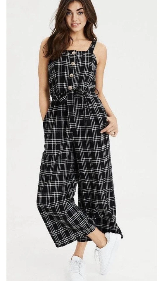 American Eagle 女式中号黑白格子连身裤口袋纽扣 — 第 1/4 张图片