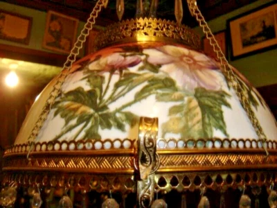 Antique Electrified Hanging Kerosene Lamp w/ Prisms Embossed  Hanger #4105 - Image 1 of 4