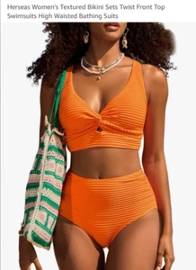 Womens Bikini Sets Twist Front Top Swimsuits High Waisted Textured Orange XL - Bild 1 von 5