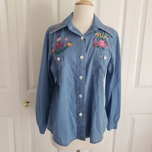 Vtg 70s Blue Chambray Long Sleeve Button Up Shirt Flowers Embroidered Women's L - Picture 1 of 12